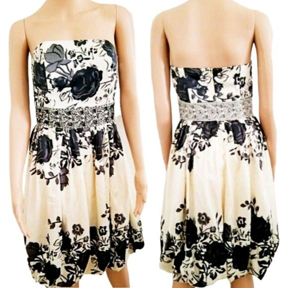 Forever 21 Women's Black Floral Beaded Waist Strapless Bubble Dress Size Medium - Picture 2 of 13